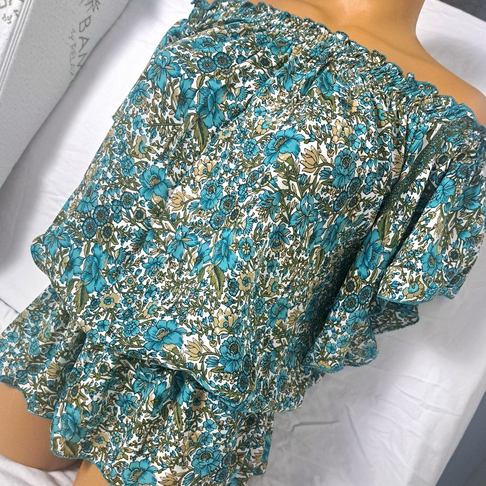 Aqua Blue and Olive Green Off-Shoulder Blouse